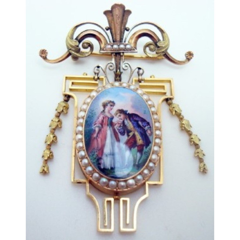 Victorian 18k Yellow Gold Enameled Portrait Pin Brooch Locket (#J325)