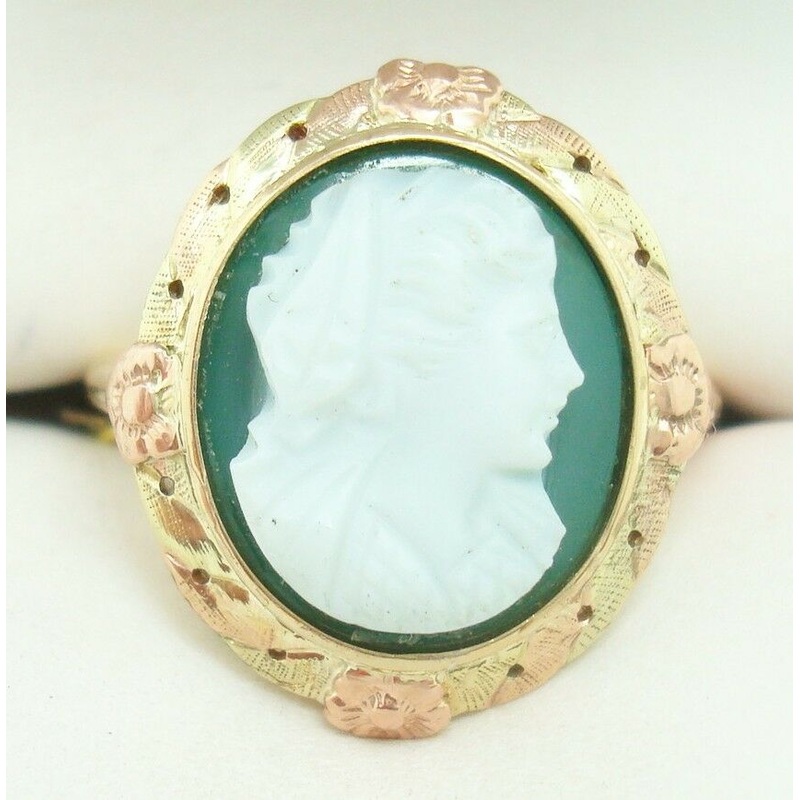 10K Gold Genuine Natural Chrysoprase Green Stone Cameo Ring (#C2479)