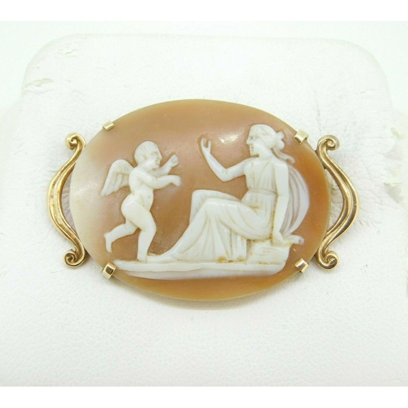 10k Gold Genuine Natural Shell Cameo Pin with Figural Woman and Angel (#J1884)