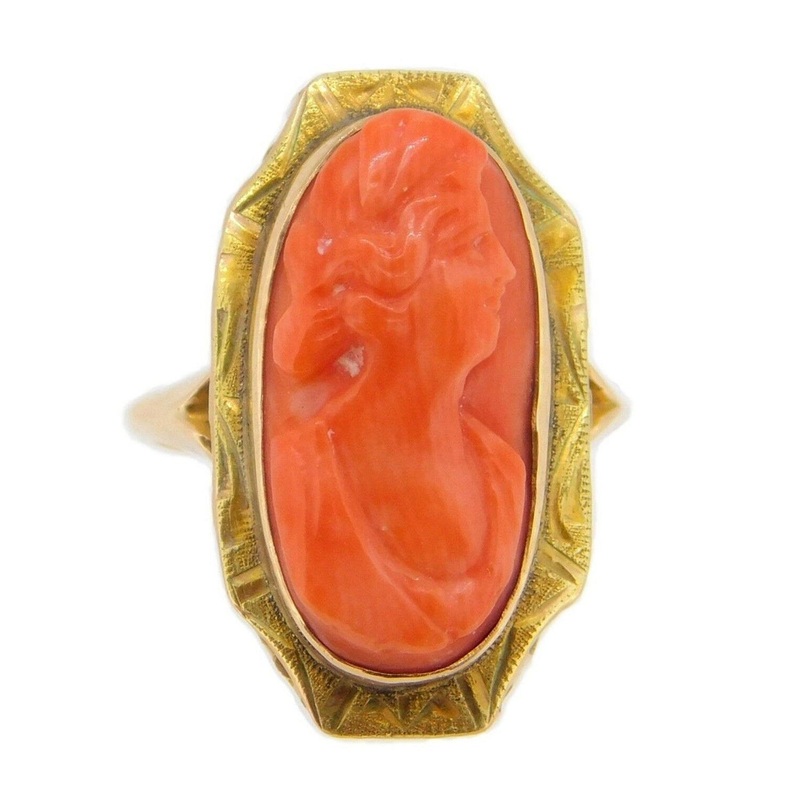 10k Yellow Gold Genuine Natural Coral Cameo Ring (#J3995)