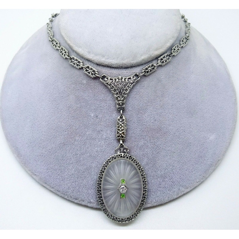 14k Deco Genuine Natural Rock Crystal Necklace with Filigree Chain (#C3433)
