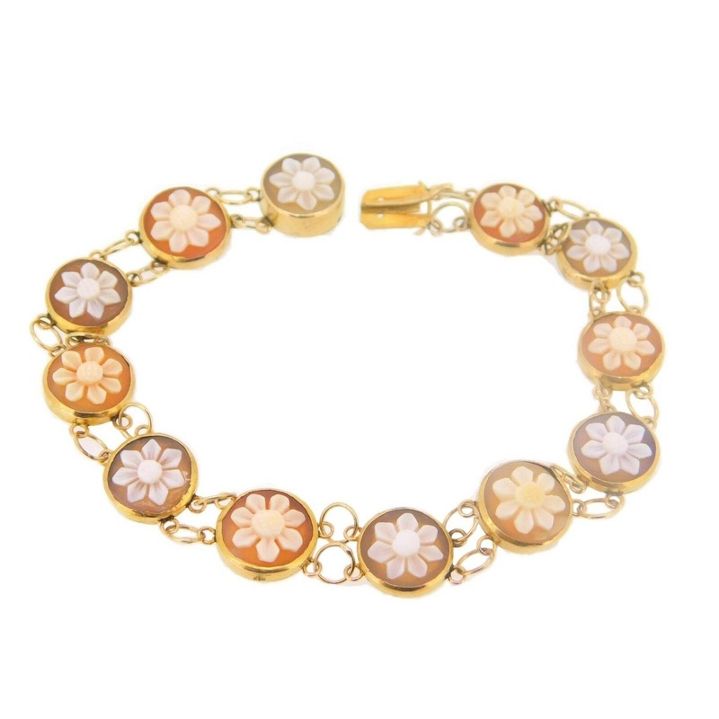 14k Genuine Natural Shell Cameo Bracelet with Carved Flowers (#J3895)