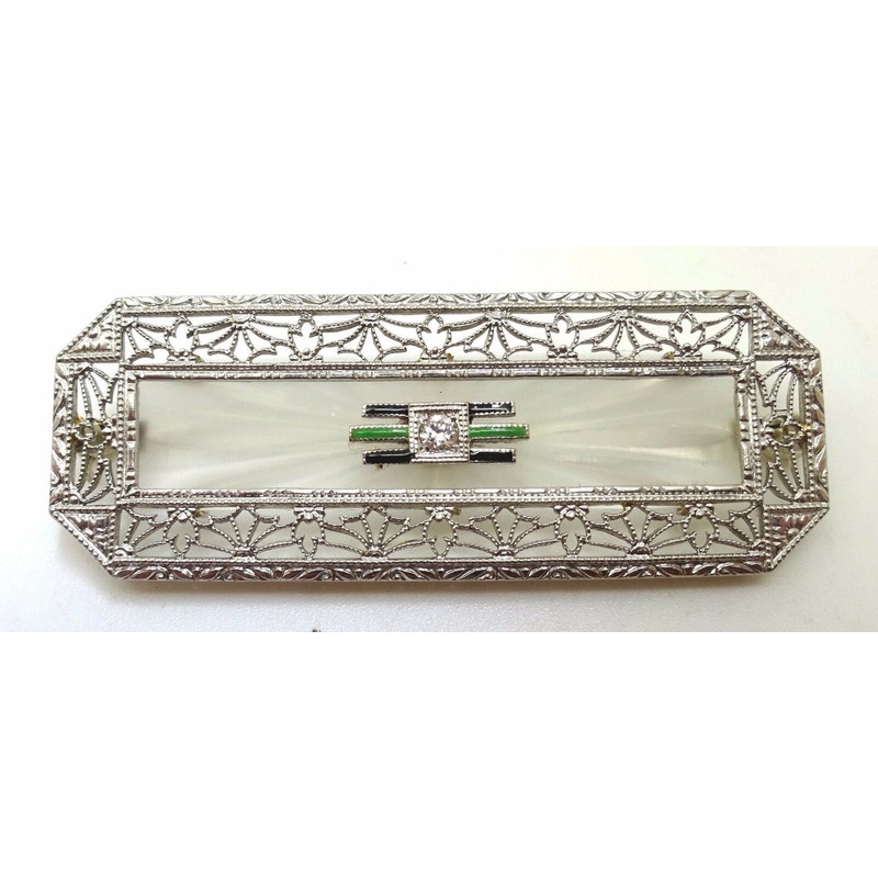 14k Gold Art Deco Genuine Natural Quartz Pin Diamond & Enamel (#J3567)