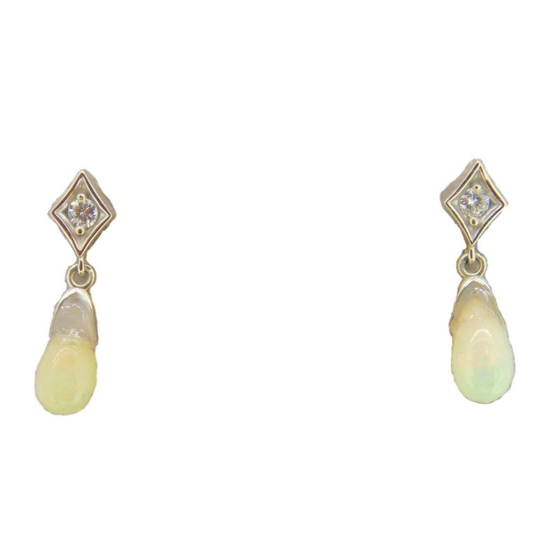 14k Gold Briolette Drop Genuine Natural Opal Earrings with Diamonds (#J4077)