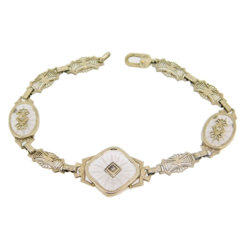 14k Gold Filigree Art Deco Genuine Rock Crystal Bracelet with Diamonds (#J4021)