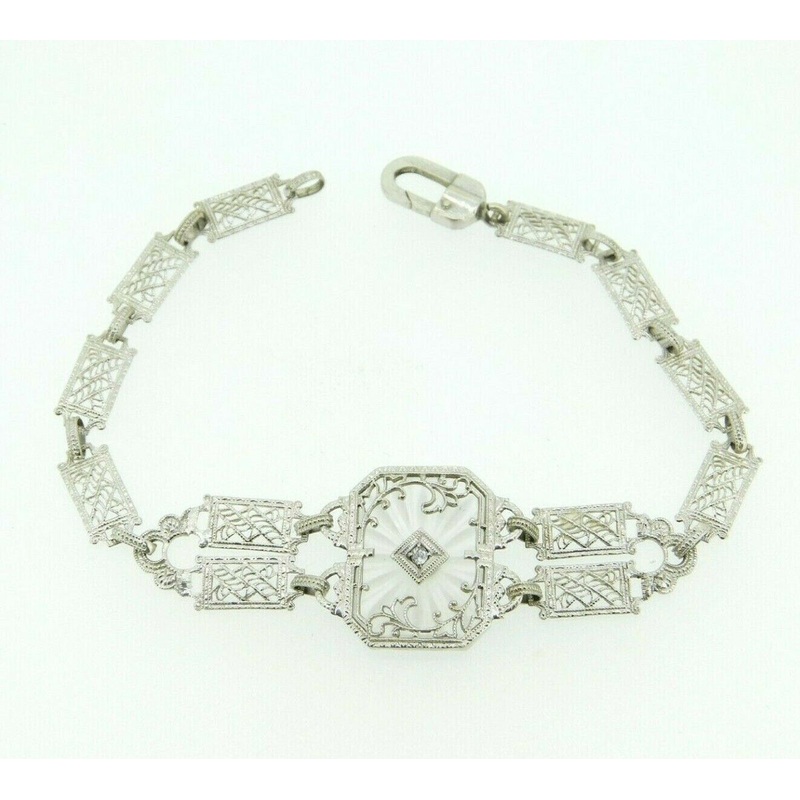 14k Gold Filigree Genuine Natural Rock Crystal Quartz Bracelet w/ Diamond #J4314