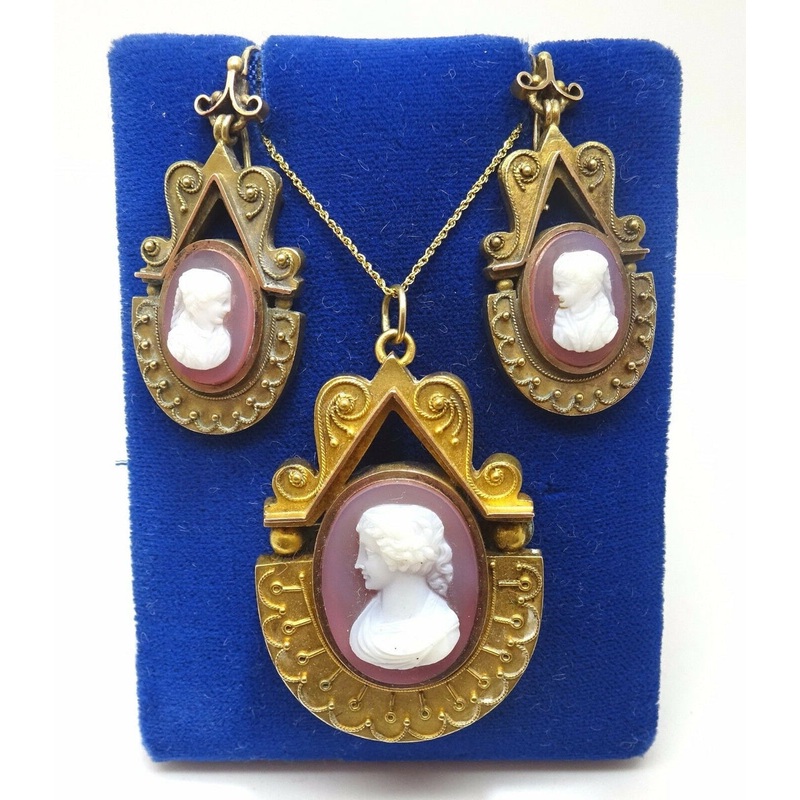 14k Gold Genuine Natural Stone Cameo Pendant and Earrings Set (#J1040)