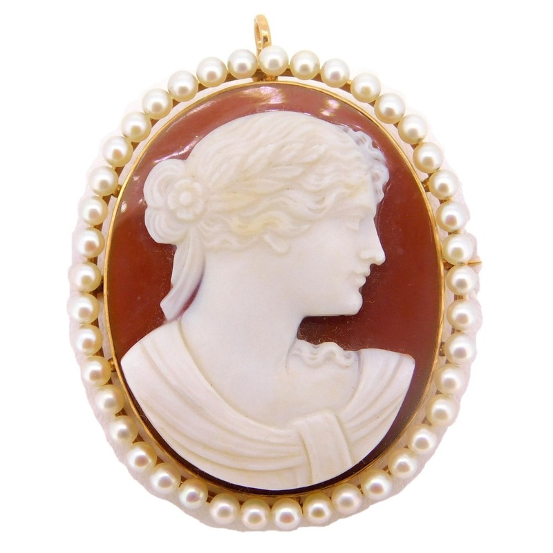 14k Gold Hard Stone Cameo Pin / Pendant with Cultured Pearls Jewelry (#J4015)