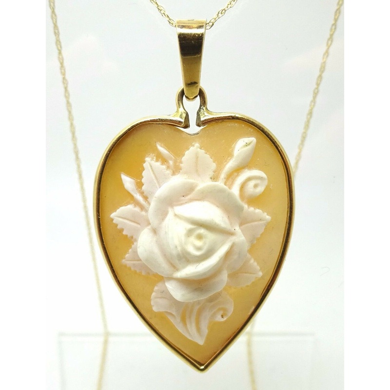 14k Gold Heart Shaped Rose Shell Genuine Natural Cameo Pendant (#J3718)