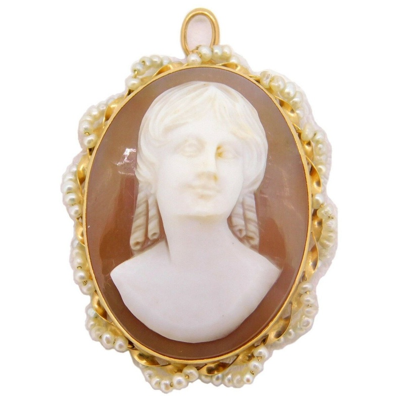 14k Gold Oval Shell Cameo Pin / Pendant with Seed Pearls (#J4018)