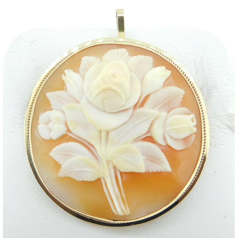 14k Gold Round Genuine Natural Shell Cameo Pin / Pendant with Roses (#J4232)