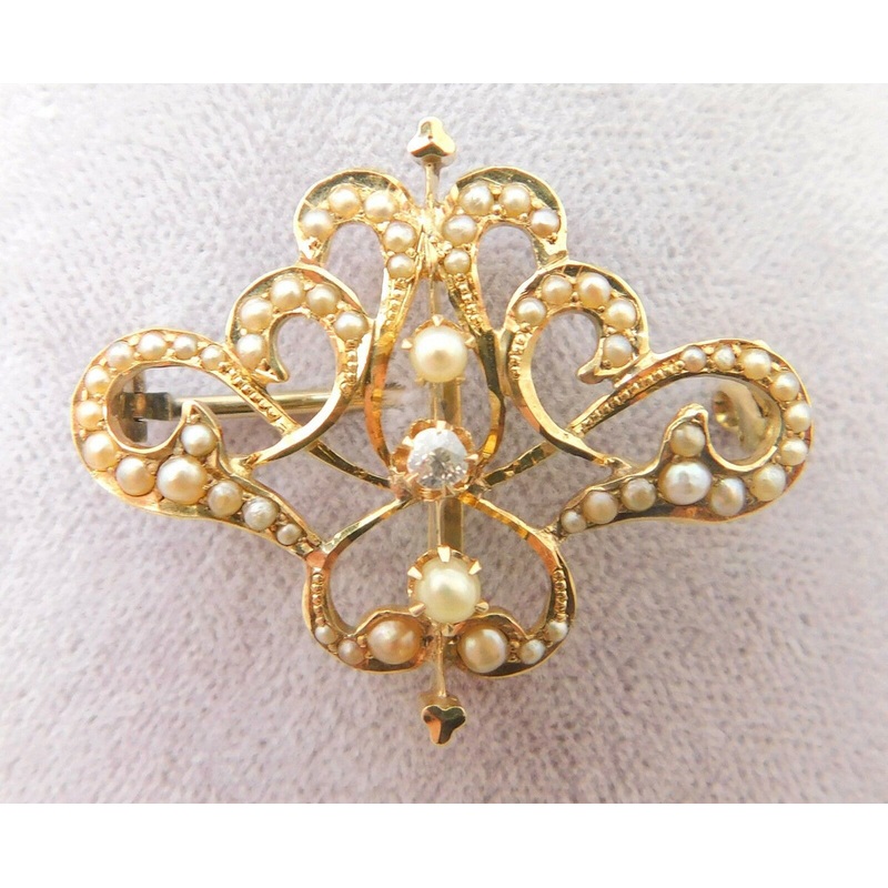14k Gold Watch Pin with Diamond and Seed Pearls (#J3823)