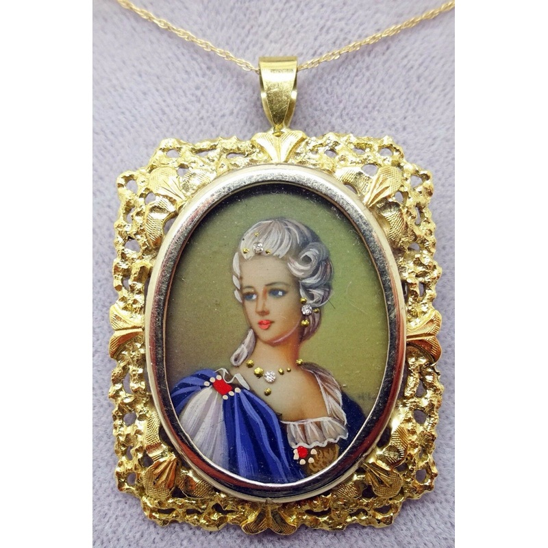 14k Hand Painted Portrait Pendant / Pin (#J3438)