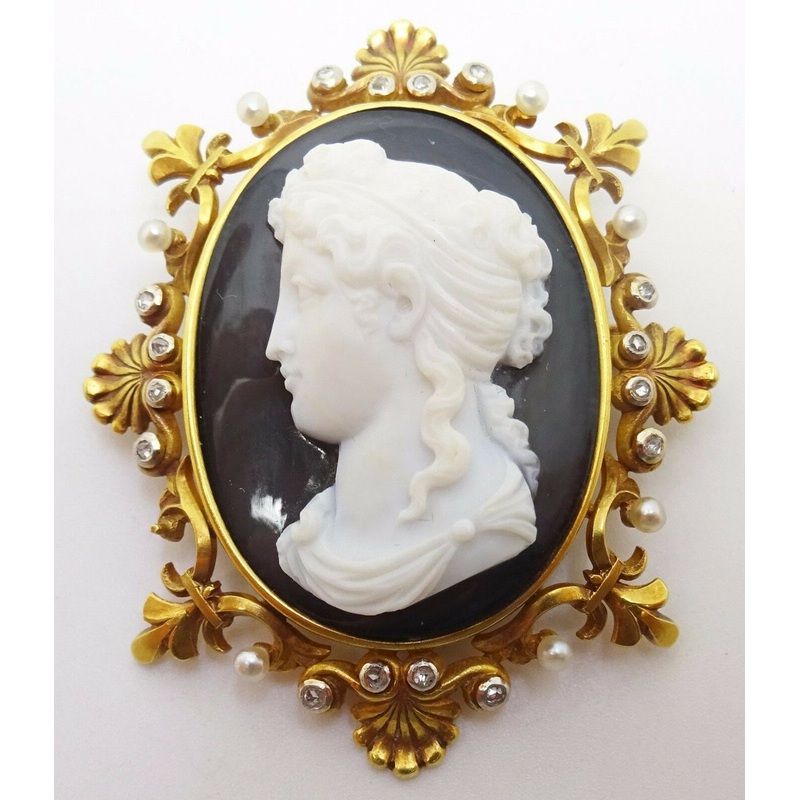 14k High Relief Black & White Cameo Pin / Pendant (#C3418)