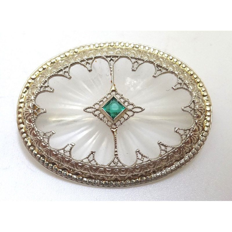 14K White Gold Art Deco Crystal Quartz Brooch with Lab-Created Emerald (#J110)