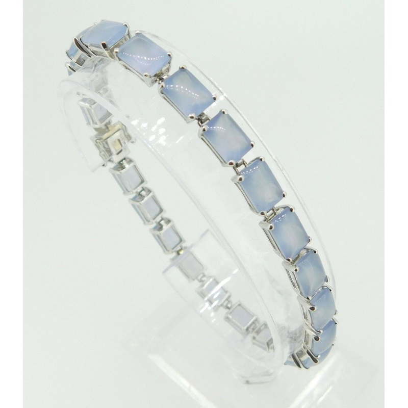 14k White Gold Blue Grey Genuine Natural Chalcedony Tennis Bracelet (#J4233)