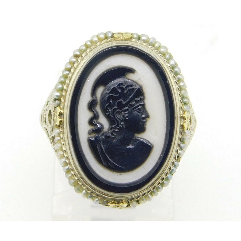 14k White Gold Filigree Ring with Black and White Stone Cameo (#J4295)