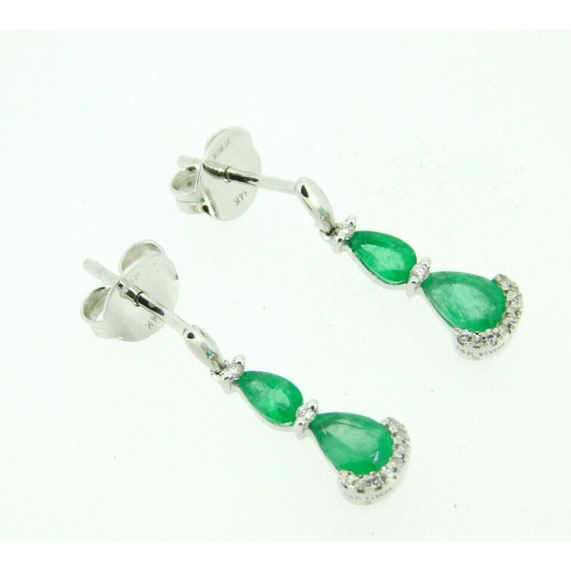 14k White Gold Genuine Natural Emerald Drop Earrings with Diamonds (#J4365)