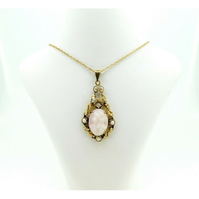 14k Yellow Gold Angel Skin Coral / Shell Cameo Lavaliere (#J4412)