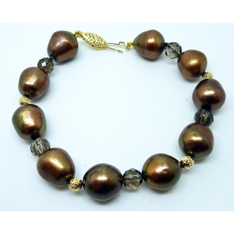 14k Yellow Gold Baroque Freshwater Chocolate Pearl Bracelet Jewelry (#J3118)