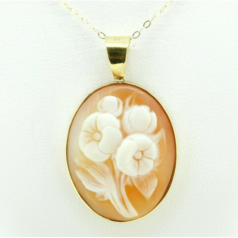 14k Yellow Gold Floral Genuine Natural Shell Cameo Pendant 1 1/4" (#J4324)