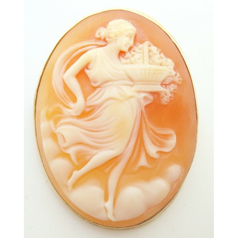 14k Yellow Gold Genuine Natural Shell Cameo Pin Full Figure Woman (#J2784)