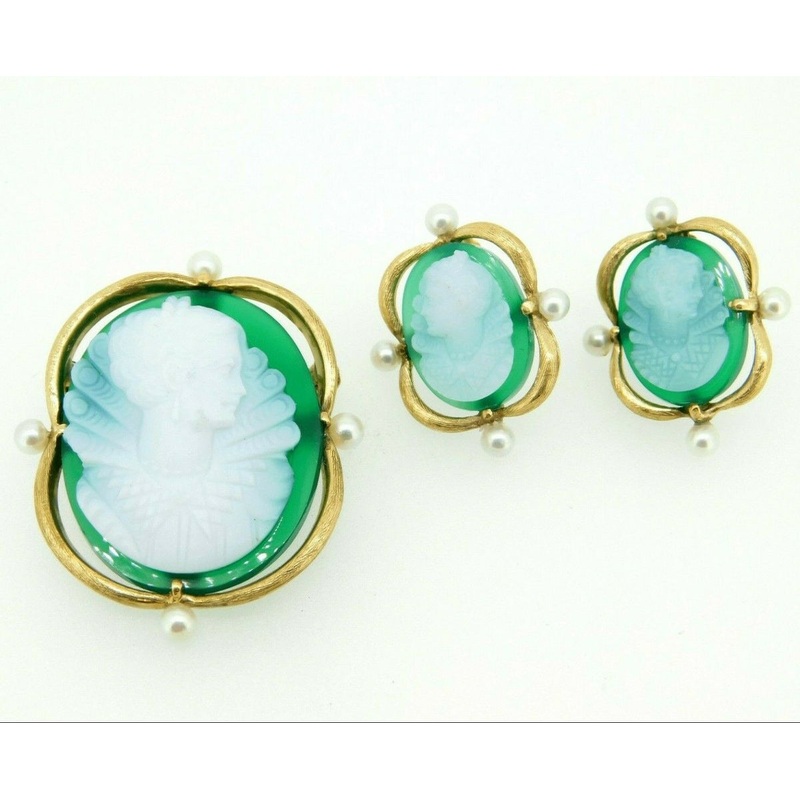 14k Yellow Gold Green and White Onyx Cameo Pin and Earring 3-piece Set (#J4313)