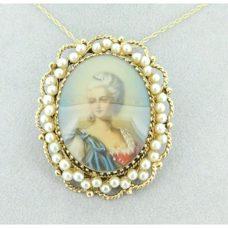 14k Yellow Gold Pendant with Hand Painted Portrait and Pearls (#J1896)