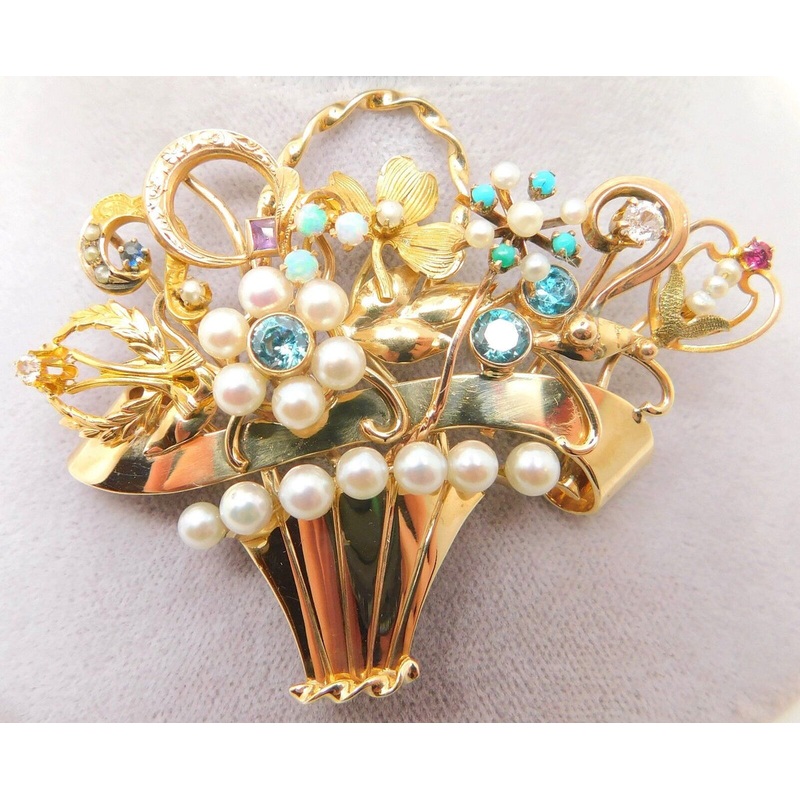 14k Yellow Gold Stick Pin Collection Flower Basket Brooch (#J644)