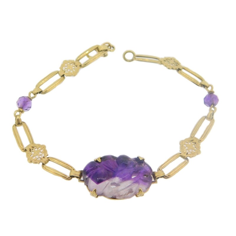 Art Deco 14k Carved Genuine Natural Amethyst Bracelet (#J3894)