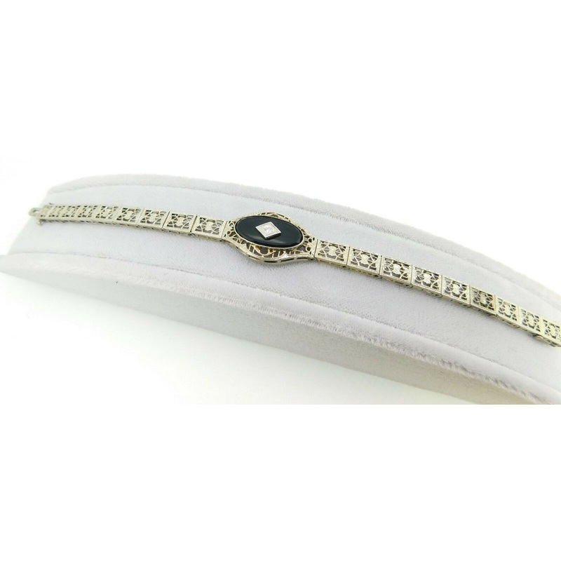 Art Deco 14k Gold Filigree Genuine Natural Onyx Bracelet with Diamond (#J4263)