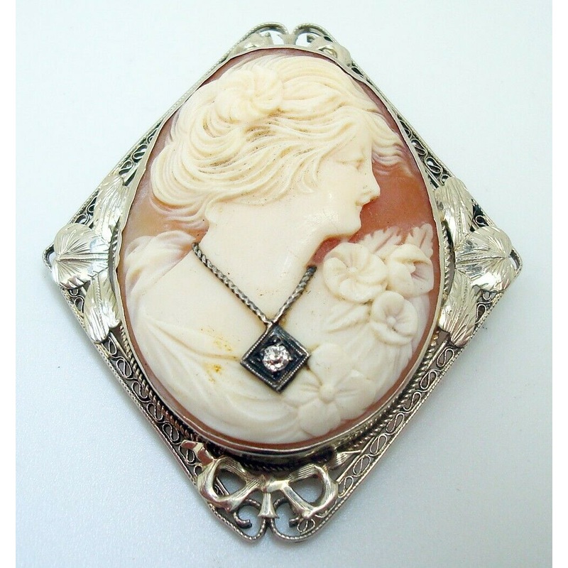 Art Deco 14k Gold Filigree Genuine Natural Shell Cameo and Diamond Pin (#J2942)