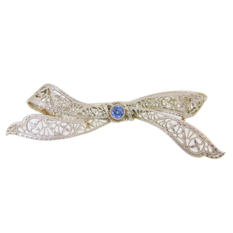 Art Deco Platinum and 14k Genuine Natural Sapphire Brooch Pin (#J3961)