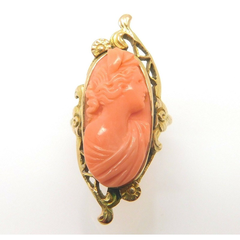 Art Nouveau 10k Gold Oval Genuine Natural Coral Cameo Ring (#J3851)