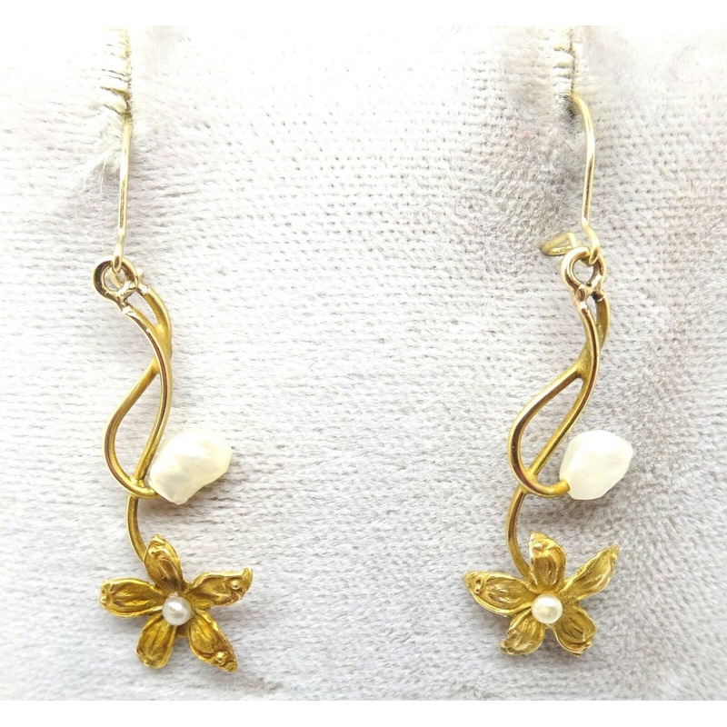 Art Nouveau 14k Drop Flower Earrings with Pearls (#J3777)