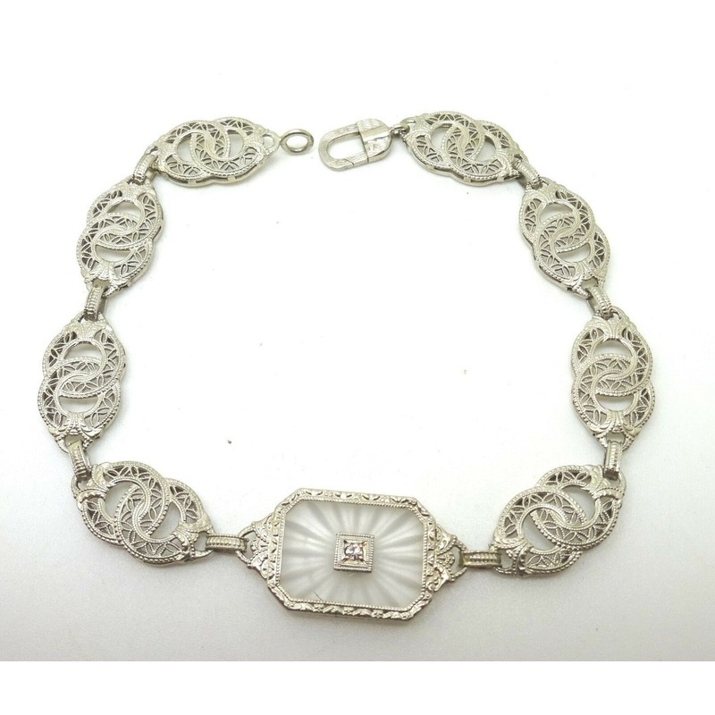 Filigree Art Deco 10K White Gold Genuine Natural Camphor Bracelet (#C3774)