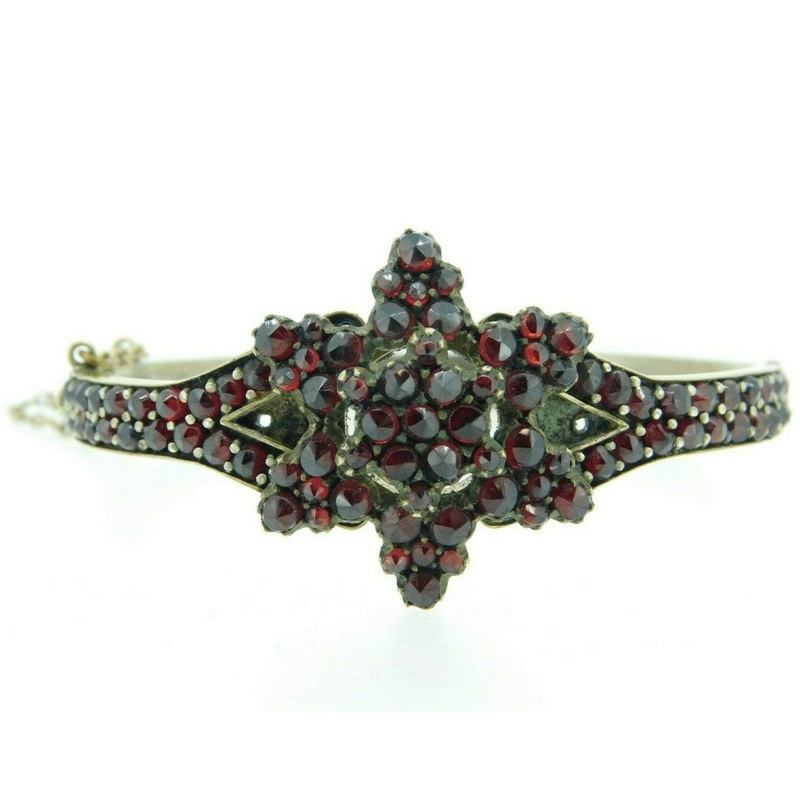 Genuine Natural Bohemian Garnet Bangle Bracelet with Safety Chain (#J4340)