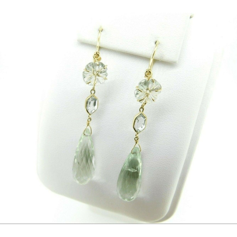Large 14k Gold Genuine Natural Prasiolite Quartz Dangle Earrings (#J2402)