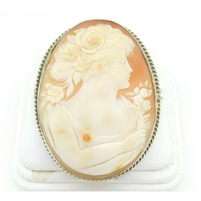 Sterling Large Genuine Natural Shell Cameo Pin Pendant with GW Frame (#J4230)