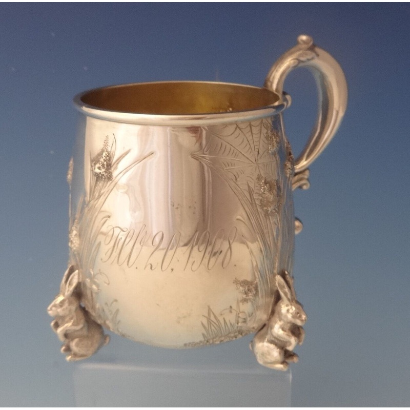 Tiffany & Co. Sterling Baby Cup with 3-D Rabbits Chased Grasses & Foliage #0127