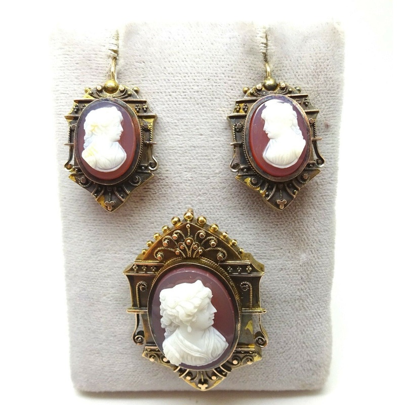 Victorian 14k Gold Genuine Natural Hard Stone Cameo Pin Earring 3pc Set (#J3775)