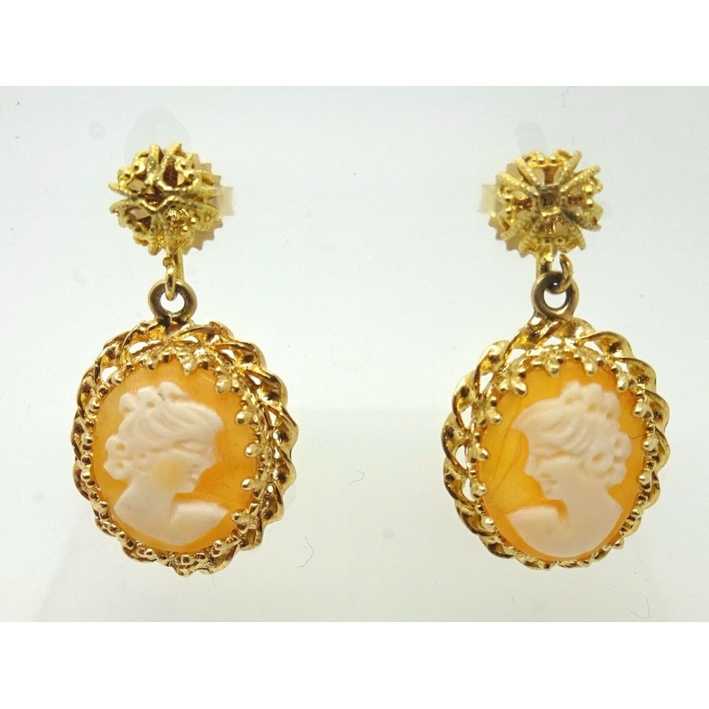Vintage 14k Yellow Gold Genuine Natural Shell Cameo Drop Earrings (#J3506)