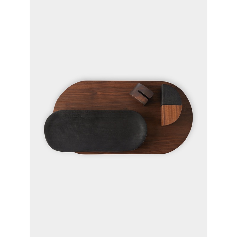 Hand-Carved Walnut Bread Board, Centerpiece and Knife Holders (Set of 5)